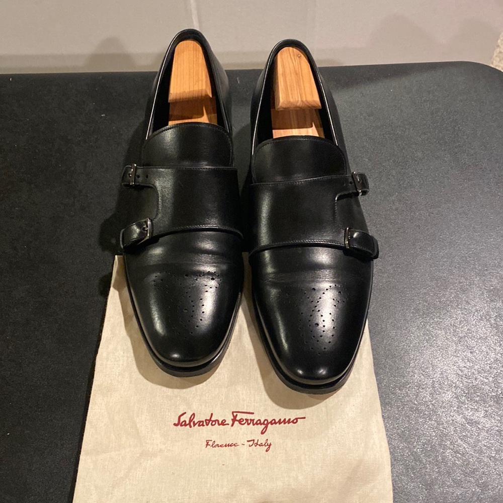 Salvatore Ferragamo Mens Black Leather Monk Strap Shoes Size 11 D